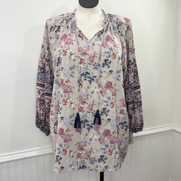 Cato Peasant Sleeve Tunic Top Tassel Patchwork Floral Ruffle Neck Boho Cottage - Picture 1 of 16